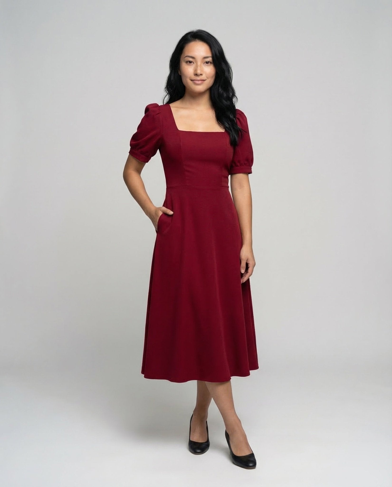Women's Vintage Midi Dress Puff Sleeves - Chichicherry
