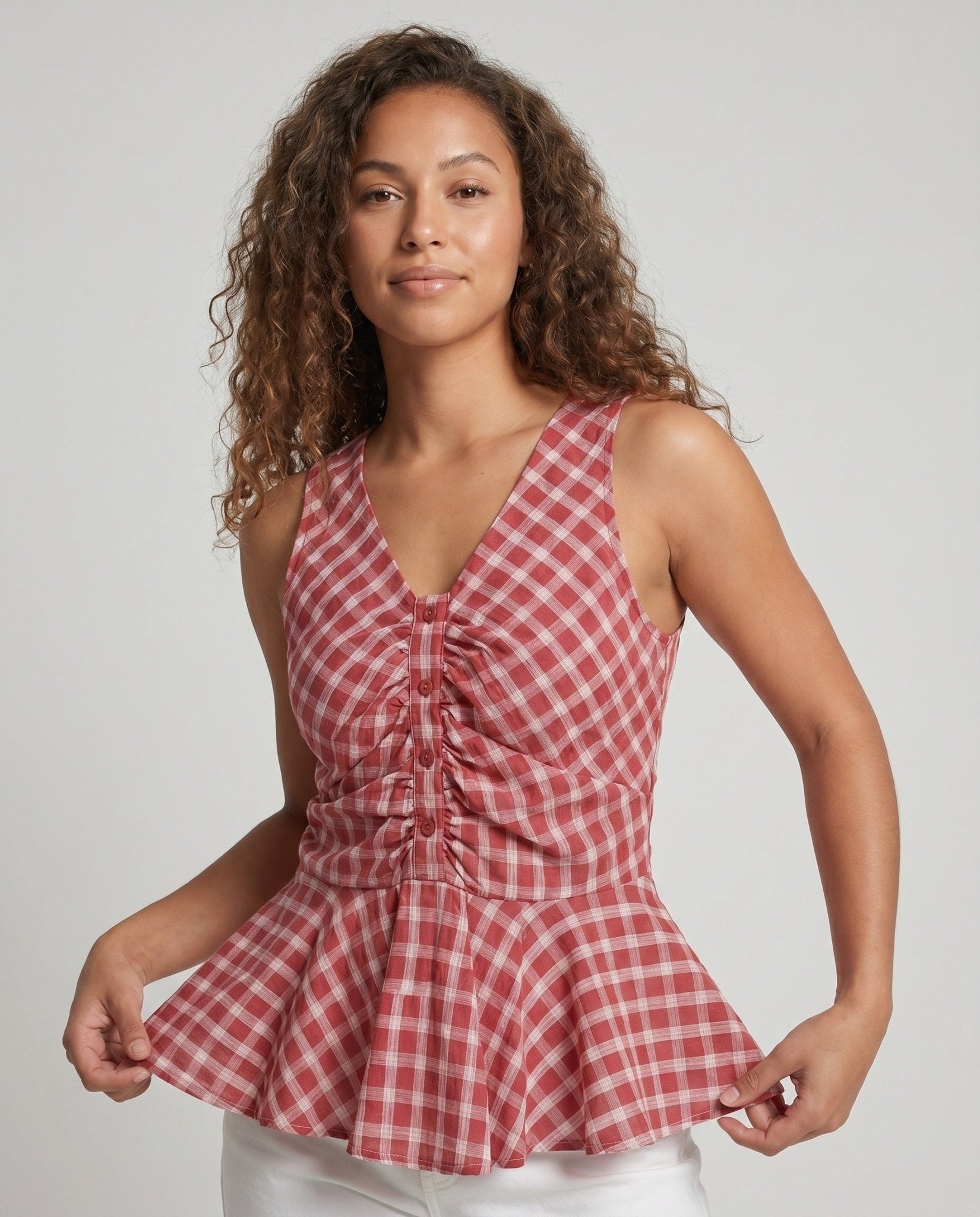 Women's Viscose Blouse with Ruffle Cut and Check Pattern - Chichicherry