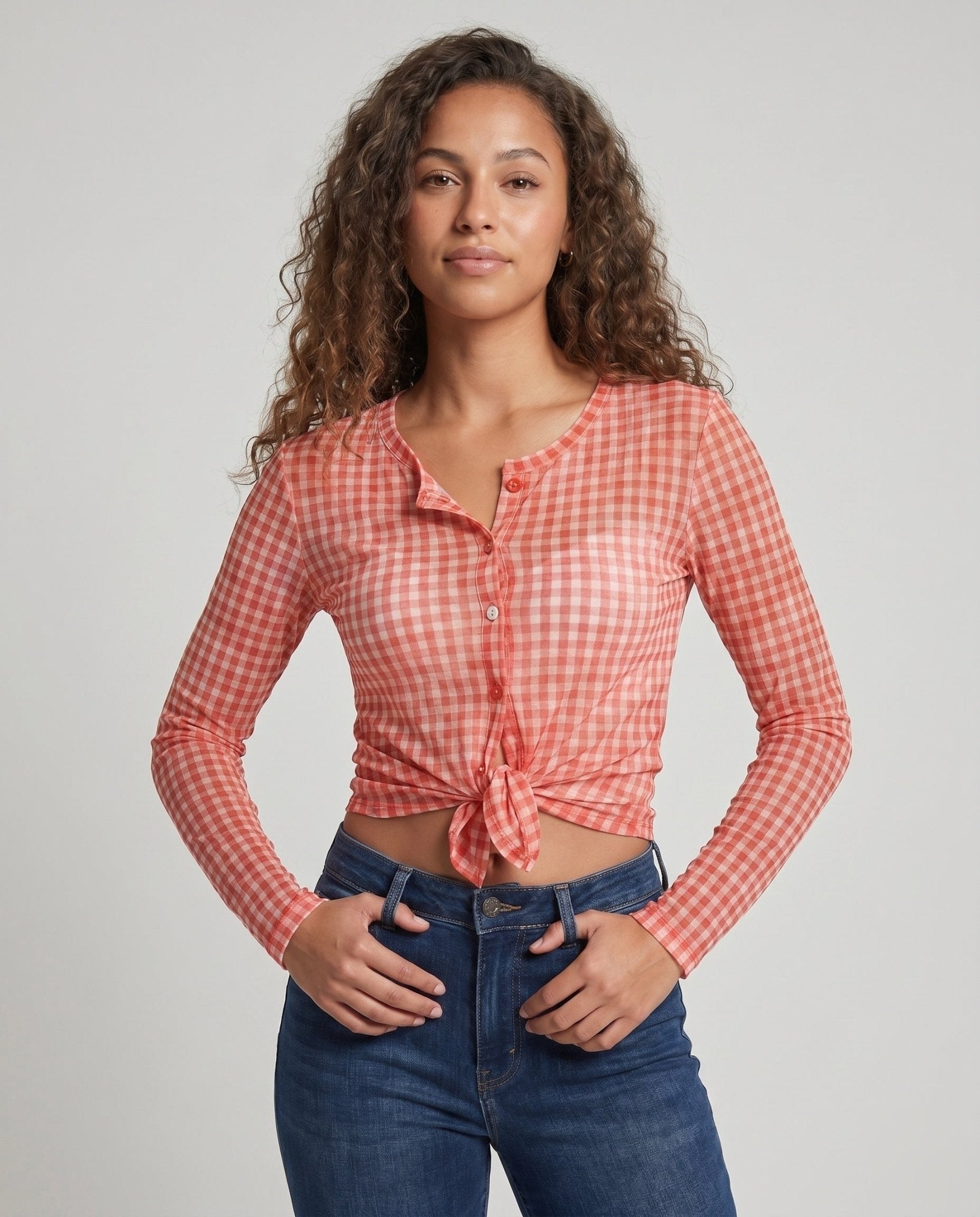 Women's Viscose Crop Top with Check Pattern and Knot Closure - Chichicherry