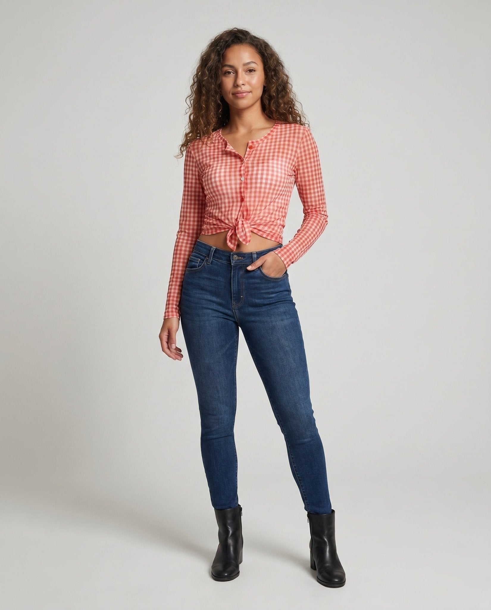 Women's Viscose Crop Top with Check Pattern and Knot Closure - Chichicherry