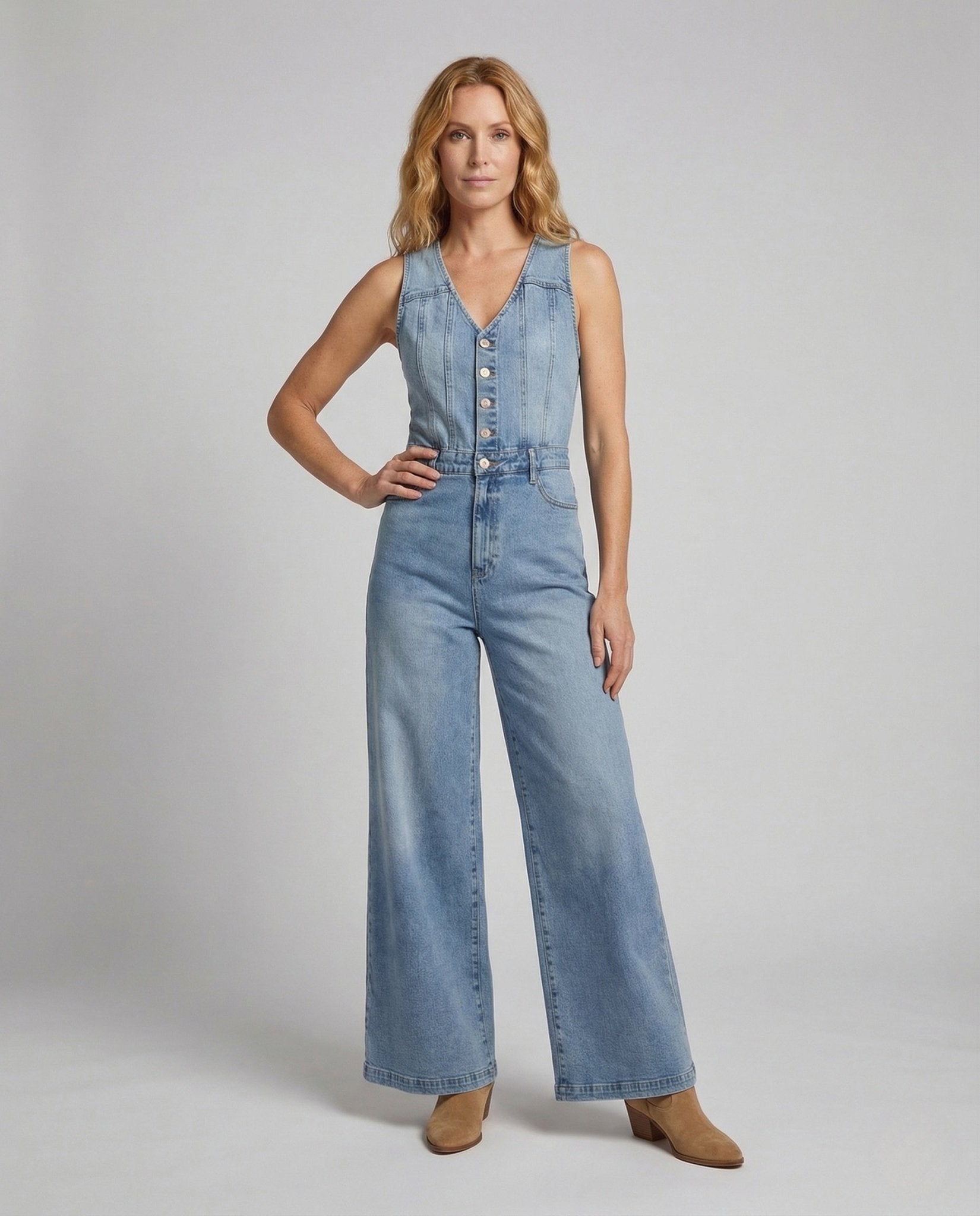 Women's Wide Denim Overall with V-neck - Chichicherry