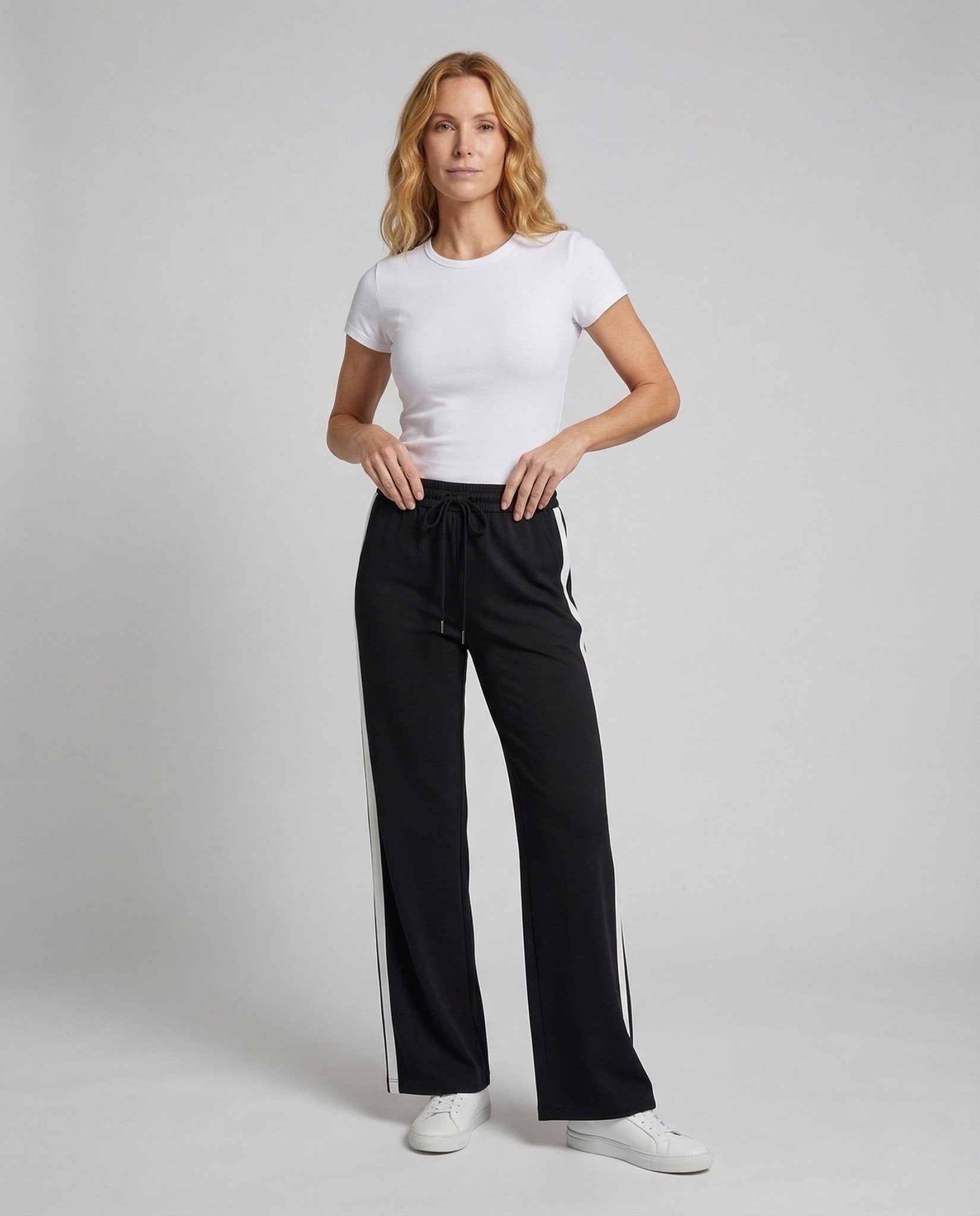 Women's Wide High Waist Jogging Pants with Stripes - Chichicherry
