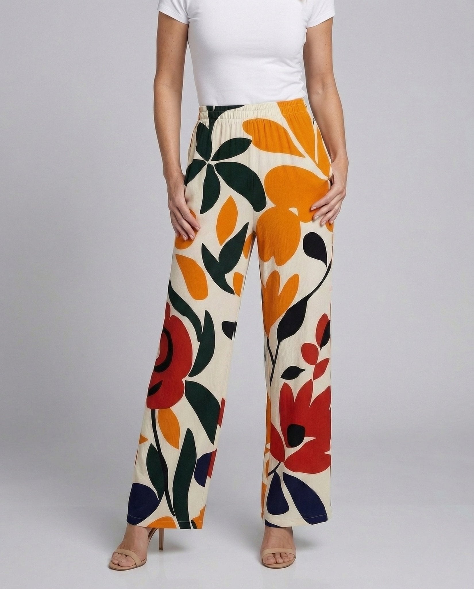 Women's Wide Pants in Linen Look with Floral Pattern - Chichicherry
