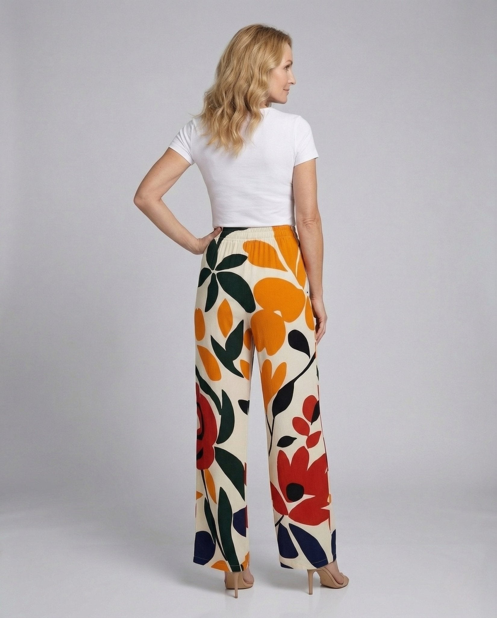 Women's Wide Pants in Linen Look with Floral Pattern - Chichicherry