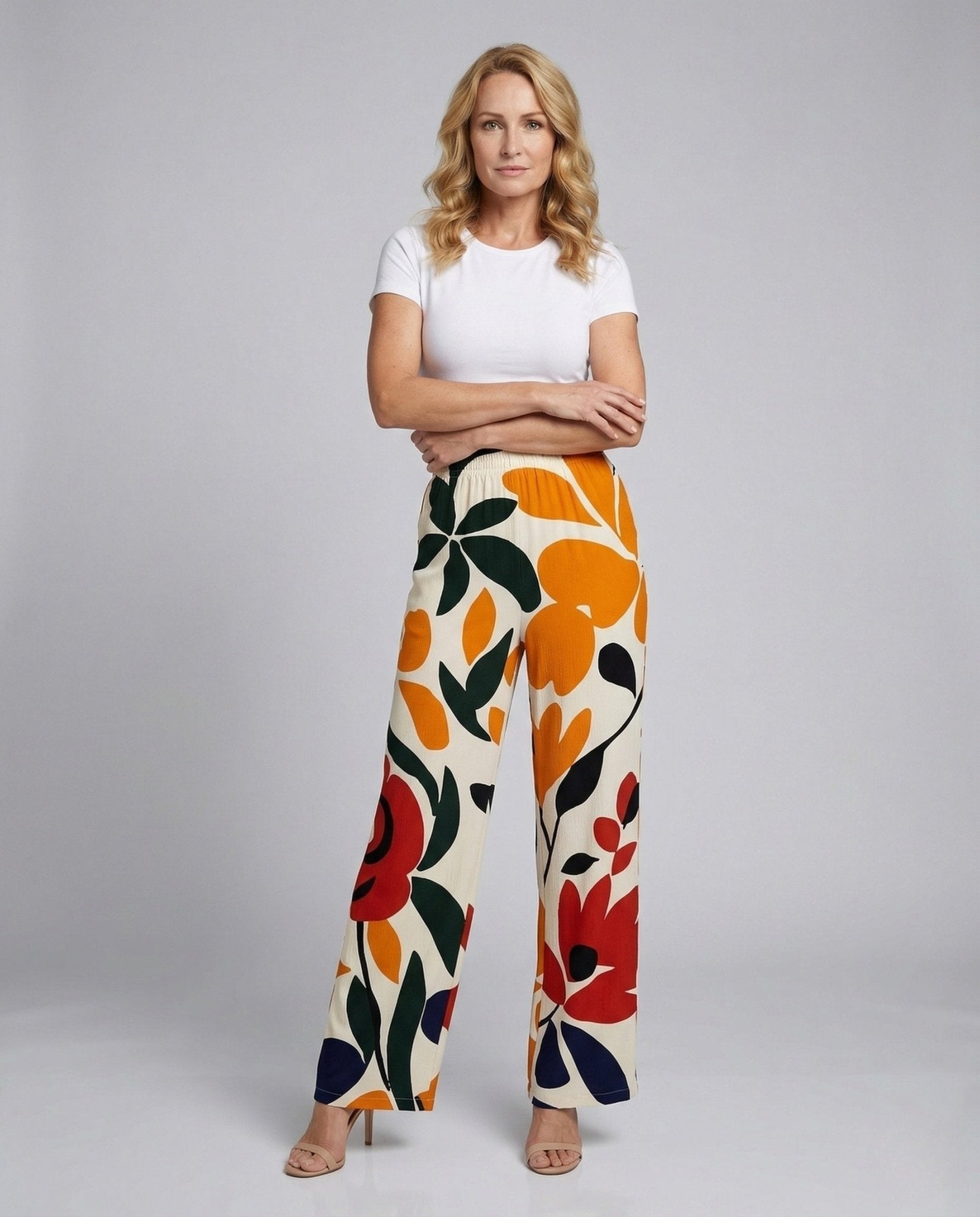 Women's Wide Pants in Linen Look with Floral Pattern - Chichicherry