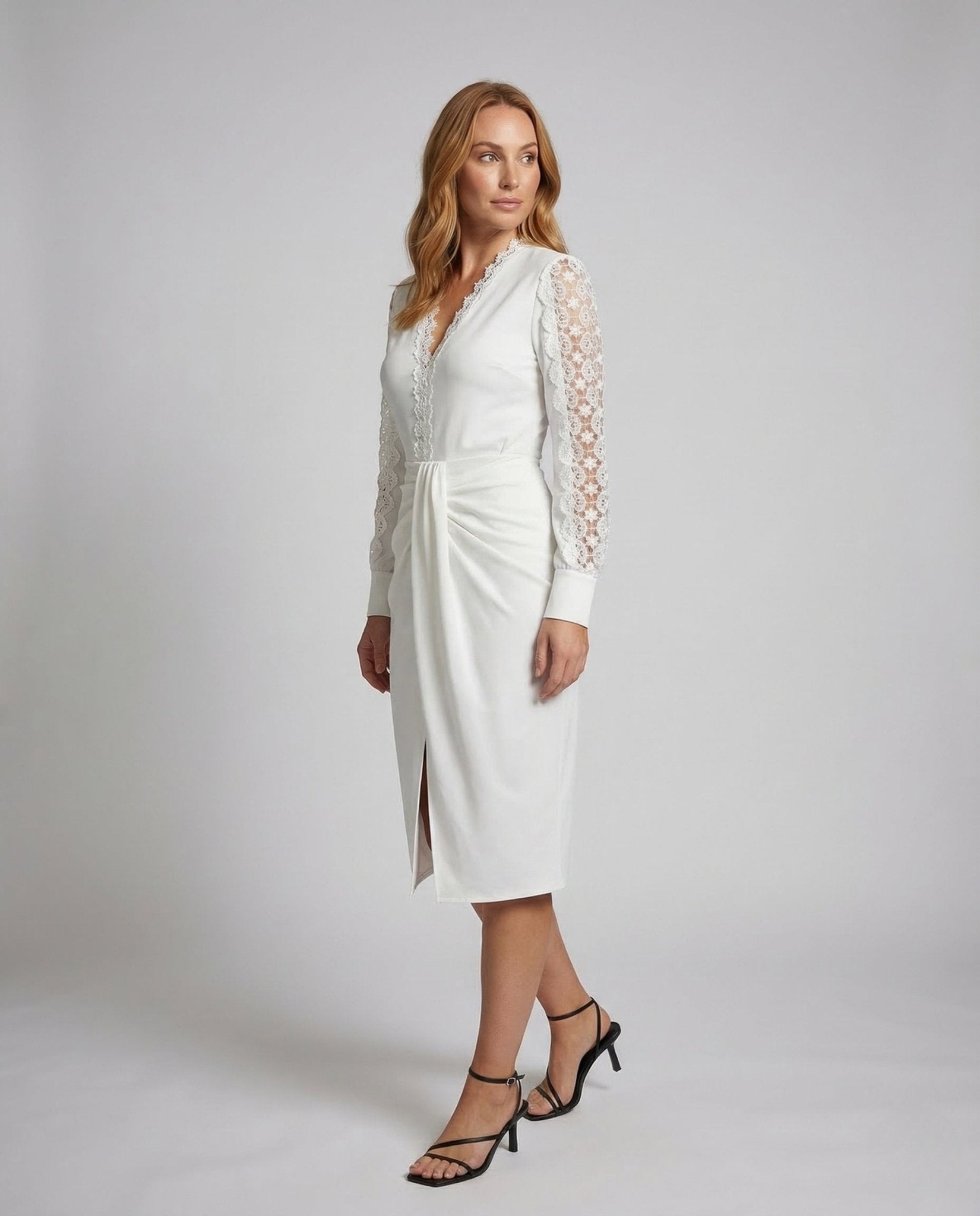 Women's Wrap Dress Lace Sleeves Draped Waist - Chichicherry