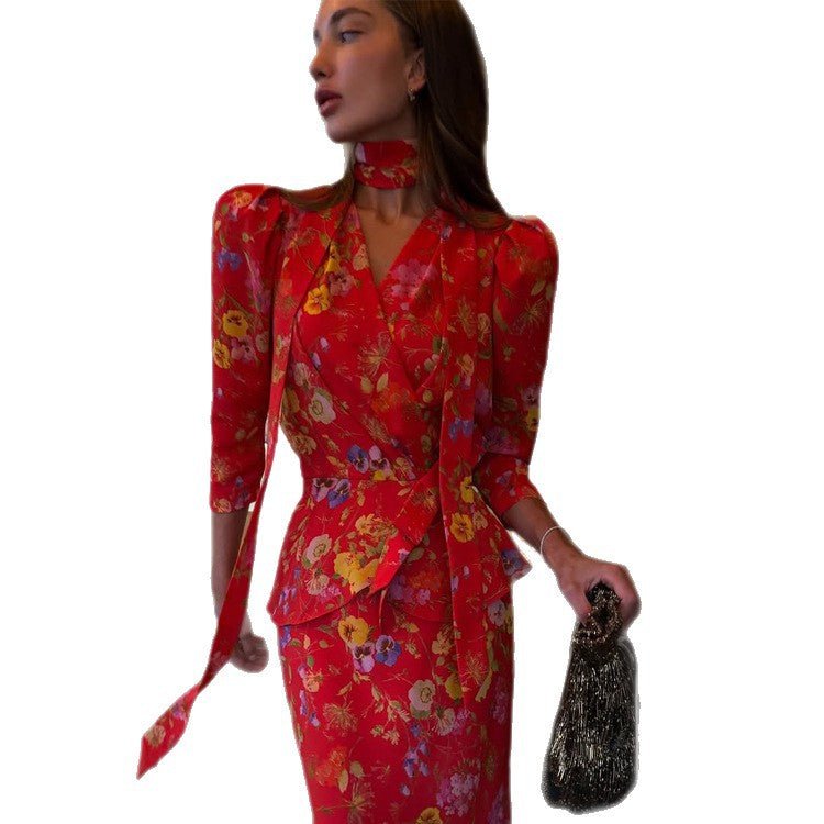 Women's Wrap Maxi Dress with Floral Print, Puff Sleeves and Shawl Collar Chichicherry - Chichicherry