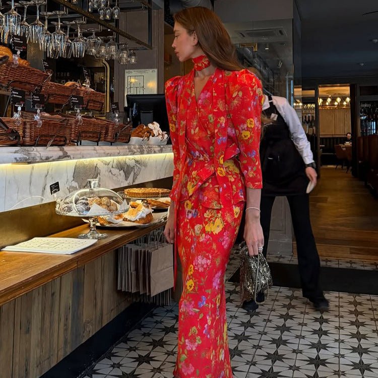Women's Wrap Maxi Dress with Floral Print, Puff Sleeves and Shawl Collar Chichicherry - Chichicherry