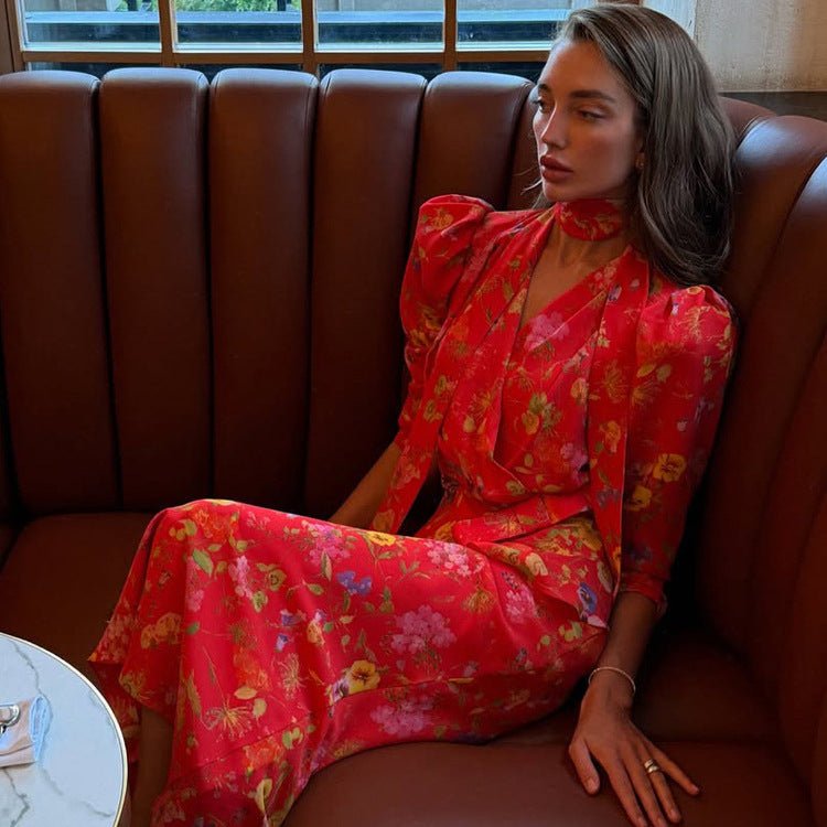 Women's Wrap Maxi Dress with Floral Print, Puff Sleeves and Shawl Collar Chichicherry - Chichicherry