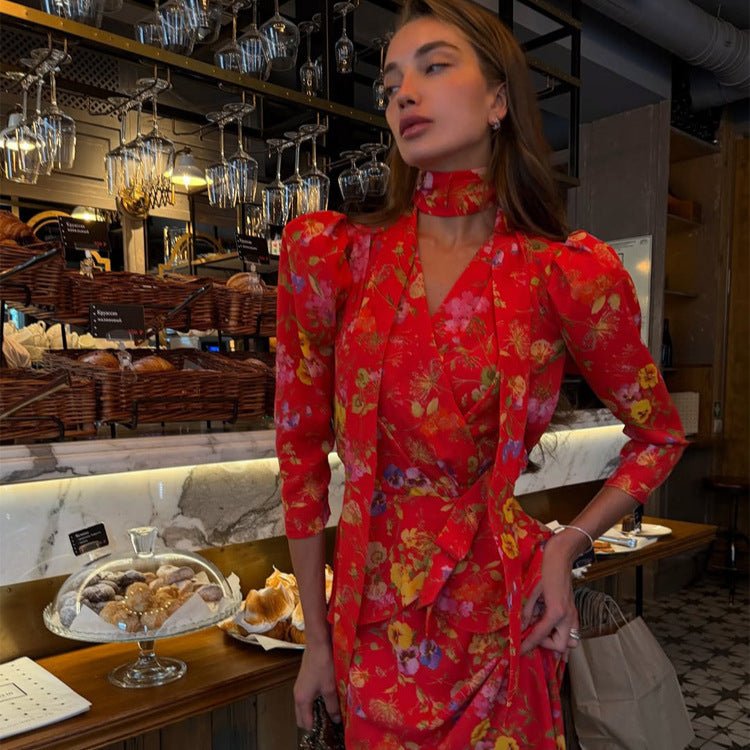 Women's Wrap Maxi Dress with Floral Print, Puff Sleeves and Shawl Collar Chichicherry - Chichicherry