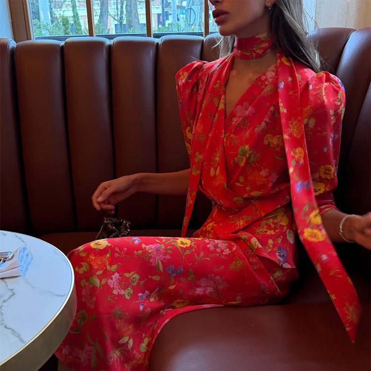 Women's Wrap Maxi Dress with Floral Print, Puff Sleeves and Shawl Collar Chichicherry - Chichicherry